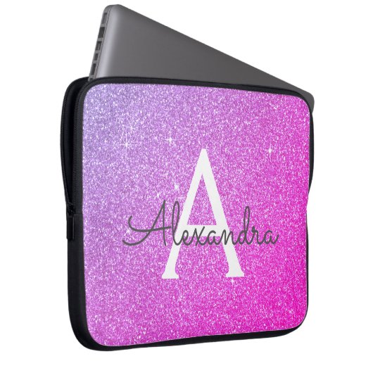 Lila und rosafarbener Glitzer und Monogramm Laptopschutzhülle (Vorne Rechts)