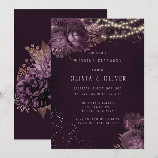 Lila und Rose Gold Peony Lights Glitzer Hochzeit Einladung (Vorne/Hinten)