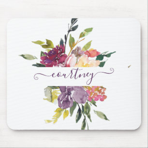 Lila und rote Aquarell-Blumen personalisiert Mousepad