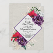 Lila und rote Blumen mit Pampas-Gras-Hochzeit Einladung (Vorne/Hinten)