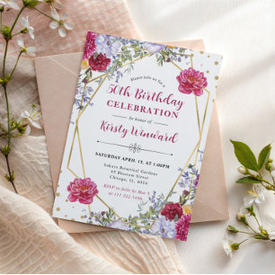 Lila und rote Sommerblumen 50. Geburtstag Einladung