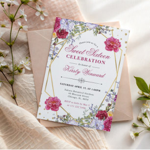 Lila und rote Sommerblumen Goldrahmen Sweet 16 Einladung