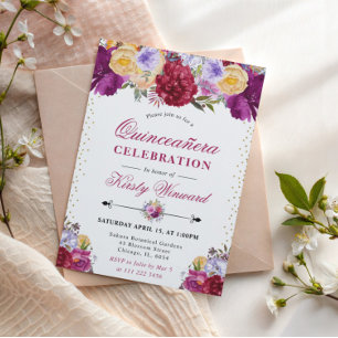 Lila und rote Sommerblumen Quinceanera Einladung