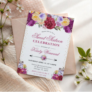 Lila und rote Sommerblumen Sweet Sixteen Einladung