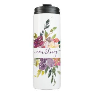 Lila und rote Wasserfarbe florale personalisiert   Thermosbecher