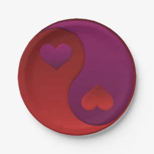 Lila und rote Yin-Yang-Herzen Pappteller