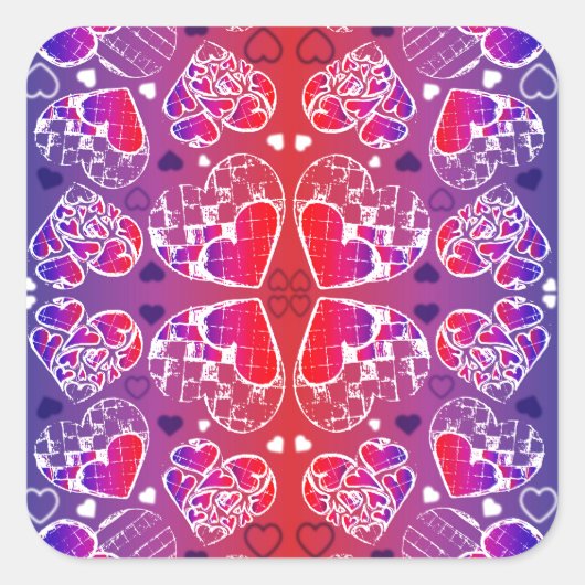 Lila und rotes, romantisches Herzmuster Quadratischer Aufkleber (Vorderseite)