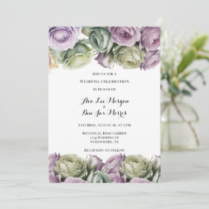 Lila und Salbeigrüne Rosen Gemalte Hochzeit Einladung