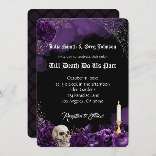 Lila und schwarz-gotische Hochzeitseinladung (Vorne/Hinten)