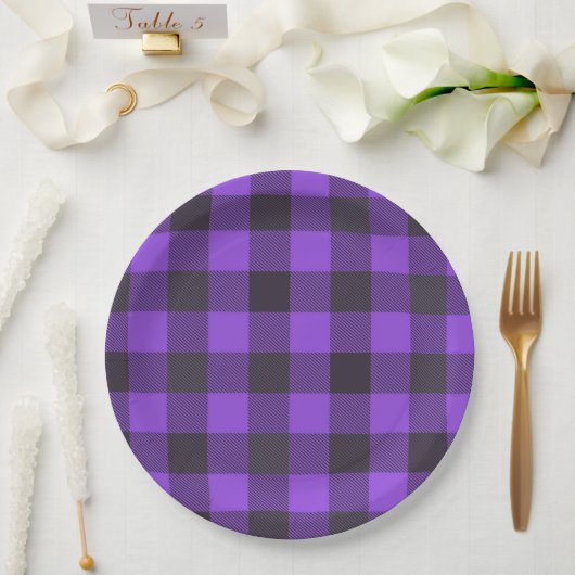 Lila und schwarz Kariert Pappteller (Hochzeit)