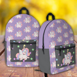 Lila und schwarz-weißer Regenbogen-Einhorn-Name  Bedruckter Rucksack