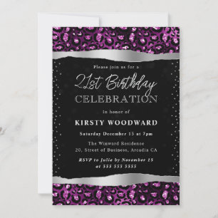 Lila und schwarze Glitter Leopardenflecken 21. Geb Einladung