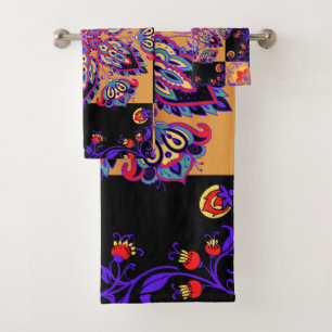 Lila und schwarze grafische Kunstwerke, Violettatu Badhandtuch Set