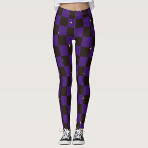 Lila und schwarze karierte Leggings mit Sternen