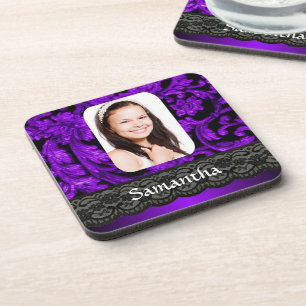 Lila und schwarze personalisierte Fotovorlage Untersetzer