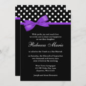 Lila und schwarze Polka Dots Top Bow Bat Mitzvah Einladung (Vorne/Hinten)