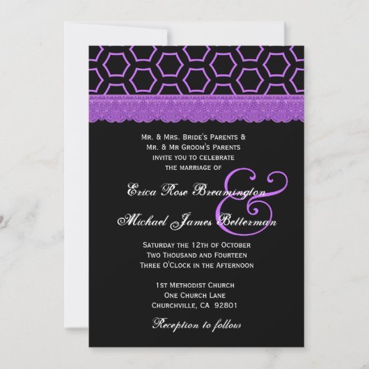 Lila und schwarze Retro Lace Monogram Wedding V22 Einladung (Vorderseite)