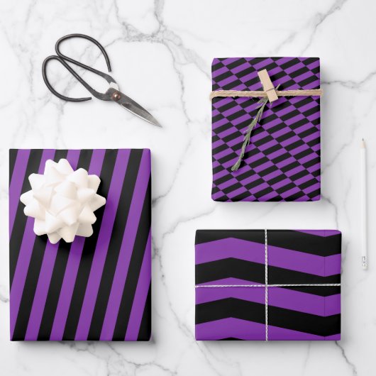 Lila und schwarze Streifen & Streifen. Zig Zags Geschenkpapier Set (Vorderseite)