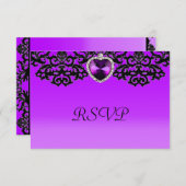 Lila und schwarze Verzierte Herzanhänger Hochzeit RSVP Karte (Vorne/Hinten)
