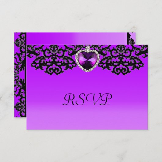 Lila und schwarze Verzierte Herzanhänger Hochzeit RSVP Karte (Vorne/Hinten)