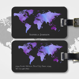 Lila und schwarze Wasserfarbe - Weltkarte Personal Gepäckanhänger