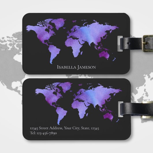 Lila und schwarze Wasserfarbe - Weltkarte Personal Gepäckanhänger
