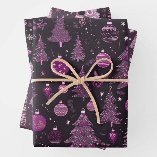 Lila und schwarze Weihnachtsbaumen Weihnachten Geschenkpapier Set (Beispiel)