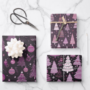 Lila und schwarze Weihnachtsbaumen Weihnachten Geschenkpapier Set
