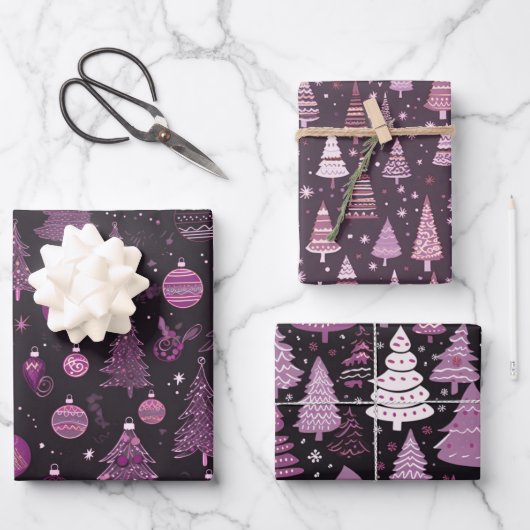 Lila und schwarze Weihnachtsbaumen Weihnachten Geschenkpapier Set (Vorderseite)