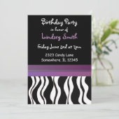 Lila und schwarze Zebra Print Einladung zum Geburt (Stehend Vorderseite)