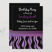 Lila und schwarze Zebra Print Einladung zum Geburt (Vorne/Hinten)