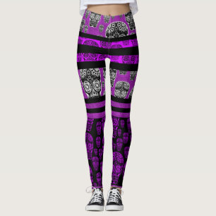 Lila und schwarze Zucker-Schädel-Leggings Leggings