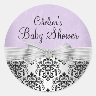 Lila und schwarzer Damast-Baby-Party-Aufkleber Runder Aufkleber