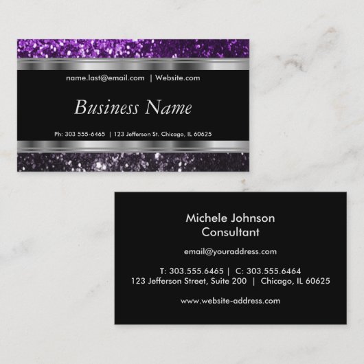 Lila und schwarzer Glitzer mit Silberakzent Visitenkarte (Vorne/Hinten)