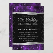 Lila und schwarzer Glitzer Shimmer 21. Geburtstag Einladung (Vorne/Hinten)