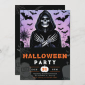 Lila und schwarzer Grim Sensenmann Skeletthaus Einladung (Vorne/Hinten)