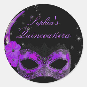 Lila und schwarzer Maskenball-Quinceanera-Aufklebe Runder Aufkleber