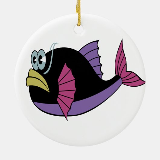 Lila und schwarzer Pufffisch Keramik Ornament (Hinten)