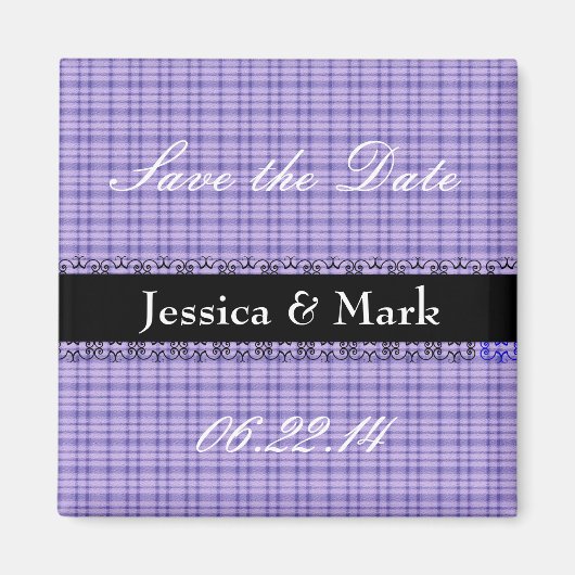 Lila und schwarzer Rett Date Gingham Wedding Magne Magnet (Vorne)