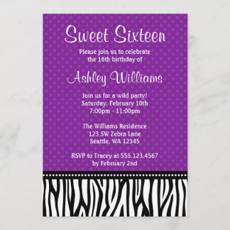 Lila und schwarzer Zebra Polka Dot Sweet 16 Einladung