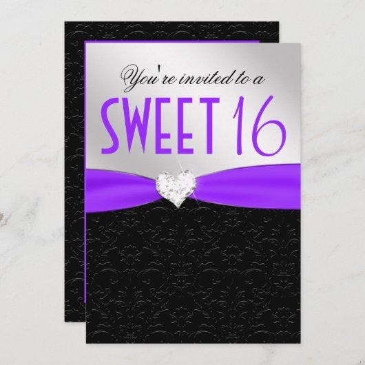 Lila und schwarzes Blumendamast-Diamant-Herz Einladung (Vorne/Hinten)