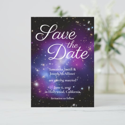 Lila und Schwarzes Foto Save the Date Einladung (Stehend Vorderseite)