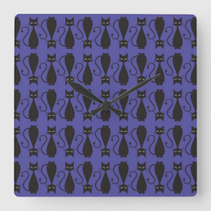 Lila und schwarzes Goth Cat Muster Quadratische Wanduhr