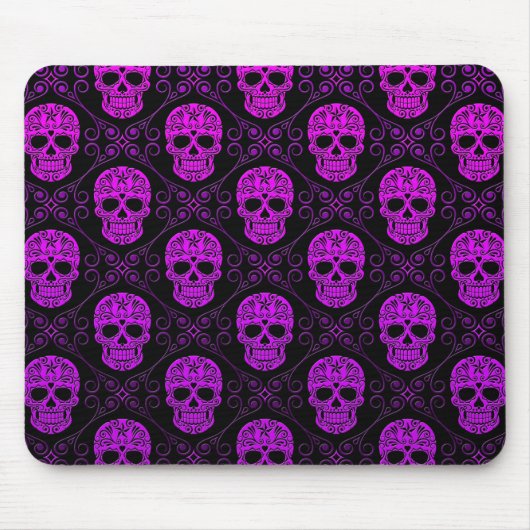 Lila und schwarzes Zuckerschädel-Muster Mousepad (Vorne)