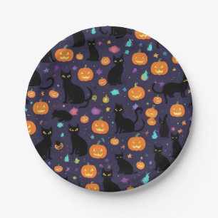 Lila- und SchwarzkatzenHalloween Pappteller