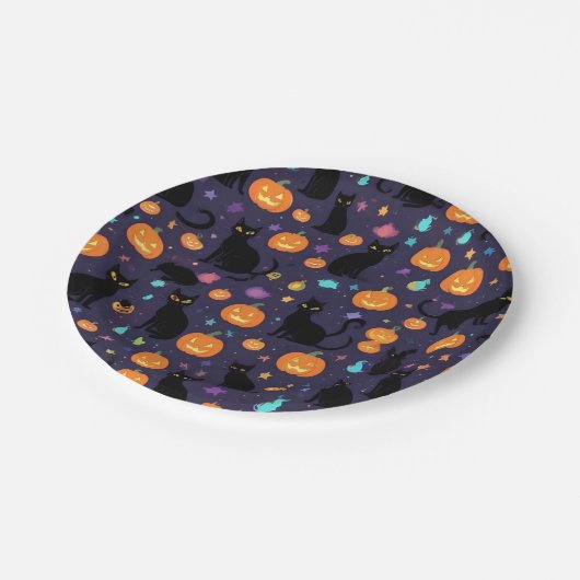 Lila- und SchwarzkatzenHalloween Pappteller (Schrägansicht)