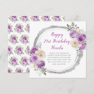 Lila und Silber Elegante Blumen Geburtstag Karte