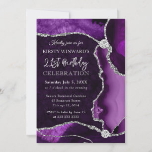 Lila und Silber Faux Glitter Achat Geburtstag Einladung