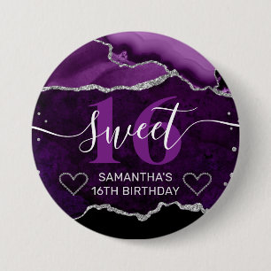 Lila und Silber Glitter Achat Murmel Sweet 16 Button