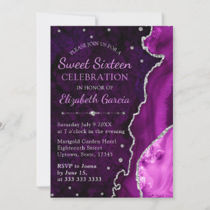 Lila und Silber Glitter-Achat-Murmel Sweet 16 Einladung